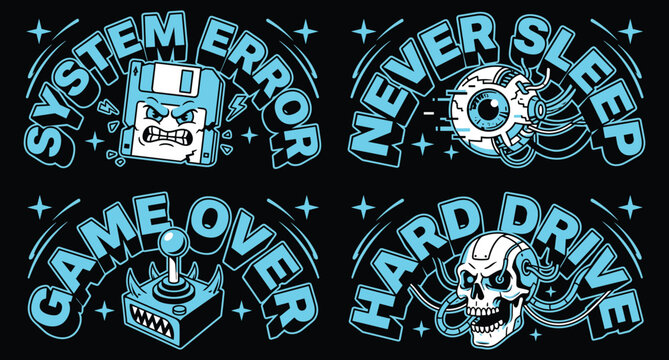 Set of four retro gaming and technology themed stickers featuring a floppy disk, robotic eye, joystick, and skull with cables in light blue on a black background