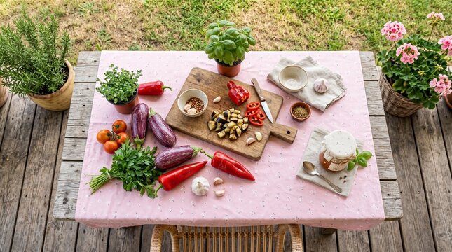 Flat lay of raw zacusca ingredients and homemade jar on pink floral tablecloth