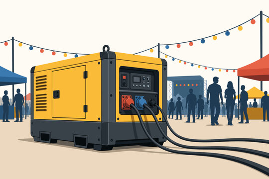 Yellow portable industrial diesel power generator unit with connected cables supplying electricity to an outdoor public festival with crowd silhouettes and tents