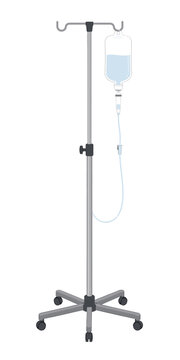 Medical IV drip stand with infusion bag containing liquid medicine on a wheeled metal pole for hospital patient care and clinical therapy