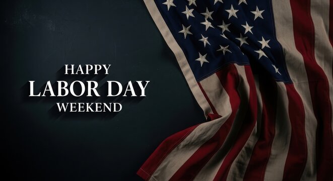 American flag waving on dark background with happy labor day weekend text