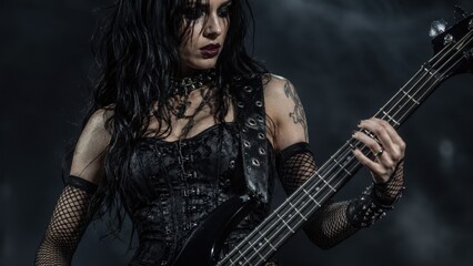 Obraz premium Gothic Female Bass Guitarist Performing Dark Alternative Music