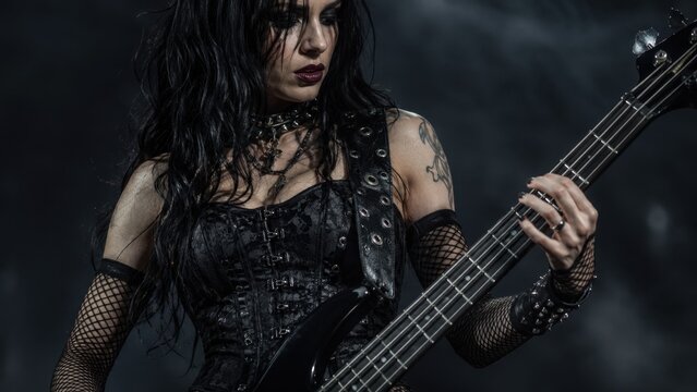 Gothic Female Bass Guitarist Performing Dark Alternative Music