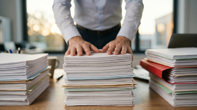 Business person hands on large stacks of documents and folders in an office, symbolizing hard work and administrative tasks.