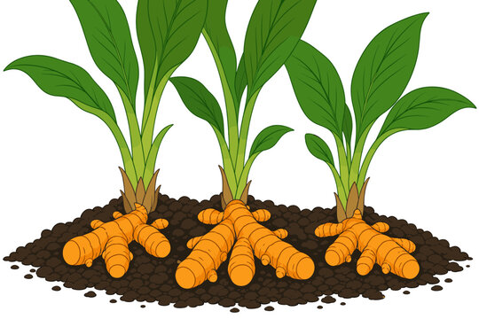 Turmeric plants with roots growing in soil as a vector illustration showing the growth process of curcuma longa with green leaves and orange rhizomes
