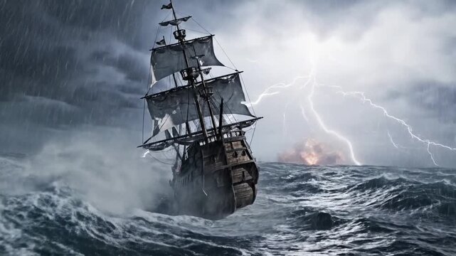 An old wooden ship sails through a violent ocean storm at night