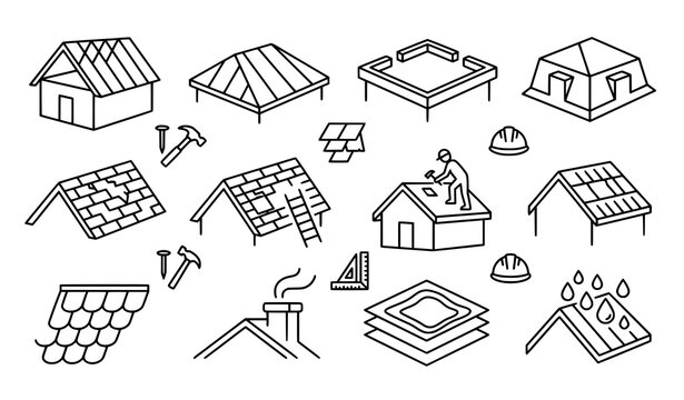 Roofing construction and repair illustrations with tools and materials