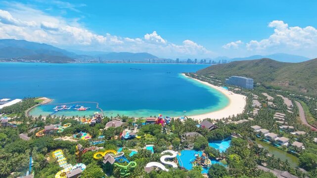 Panoramic sea view of Hon Tre island with Vinpearl Tourist Amusement Park in Nha Trang resort city in Vietnam. 