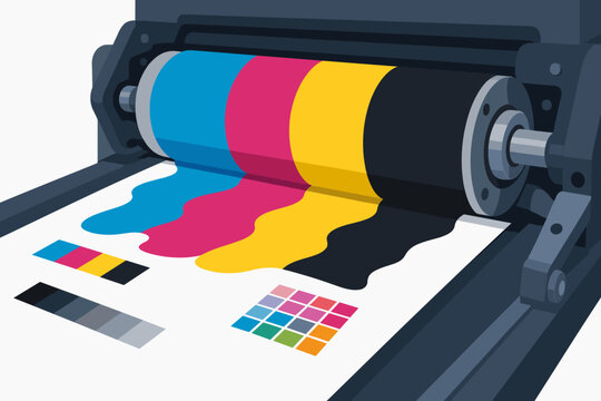 CMYK printing press roller applying colorful ink onto a paper sheet during the offset polygraphy process with color test charts