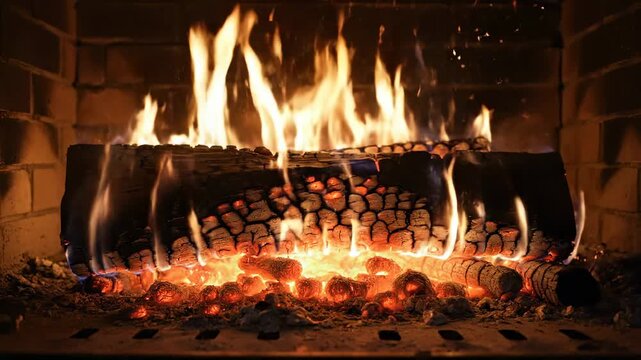 Flames dance around a burning log in a cozy fireplace, glowing embers and crackling wood create a warm atmosphere in a rustic setting