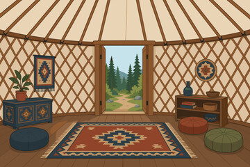 Obraz premium Traditional yurt interior with open door showing a scenic forest path outside, decorated with ethnic rugs, cushions, and wooden furniture in a cozy nomadic style