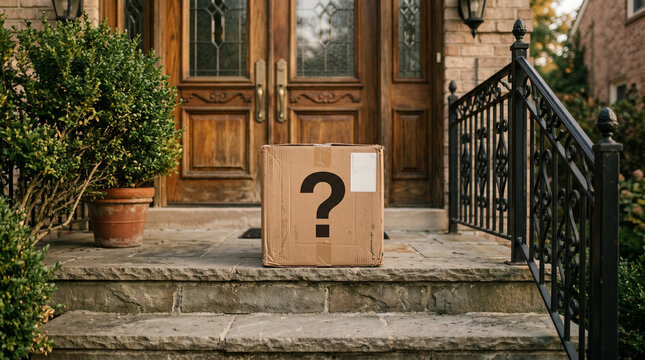 Cardboard package sitting on concrete front porch steps of residential home entrance with question mark symbol on shipping box representing uncertainty of unknown delivery at doorstep.