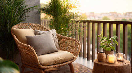 Obraz premium Comfortable wicker armchair with cushion and wooden side table, surrounded by green potted plants on a modern city balcony offering a serene urban oasis view