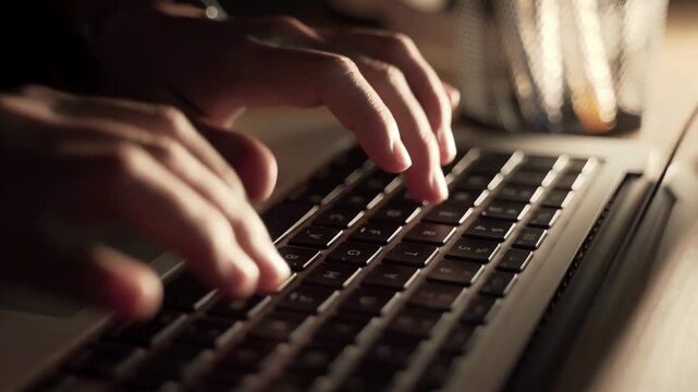 Close up of hands typing on laptop keyboard in dark room, programmer working late at night, cinematic warm lighting on computer keys