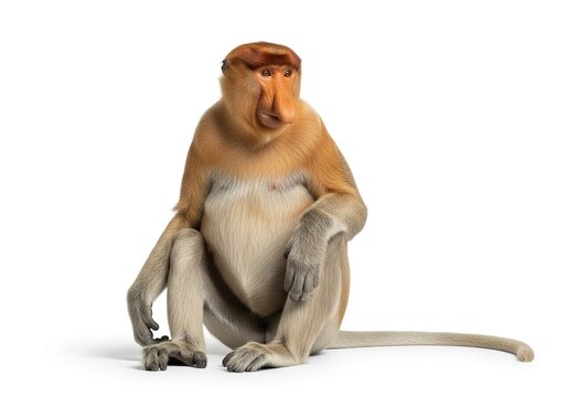 Proboscis monkey, nasalis larvatus, sitting and looking away, isolated on white background