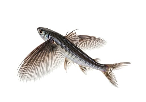Flying fish isolated on white background closeup of a flying fish with large pectoral fins spread out, showcasing its unique anatomy and streamlined body