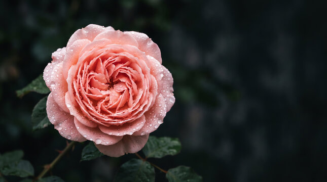 exquisite apricot pink garden rose flower wet with morning dew drops on dark background