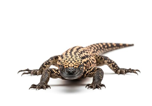 Closeup of a gila monster, heloderma suspectum, a venomous lizard native to the southwestern united states and northwestern mexico, isolated on white background