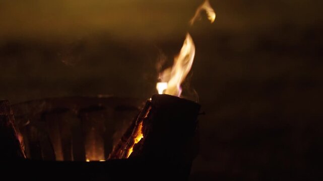 Flames flicker and dance from a wooden fire pit, illuminating the dark surroundings while logs burn steadily, creating a warm and inviting atmosphere in the night
