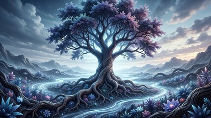 Fototapeta premium Ancient tree with glowing roots in mystical river valley