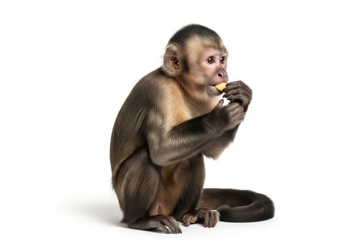 Capuchin monkey eating a piece of fruit, isolated on white background