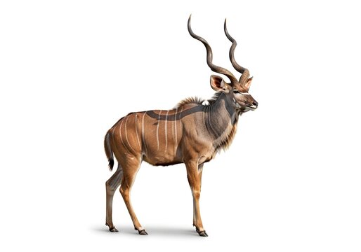 Full body portrait of a majestic male greater kudu antelope with long spiral horns, standing in profile, isolated on white background