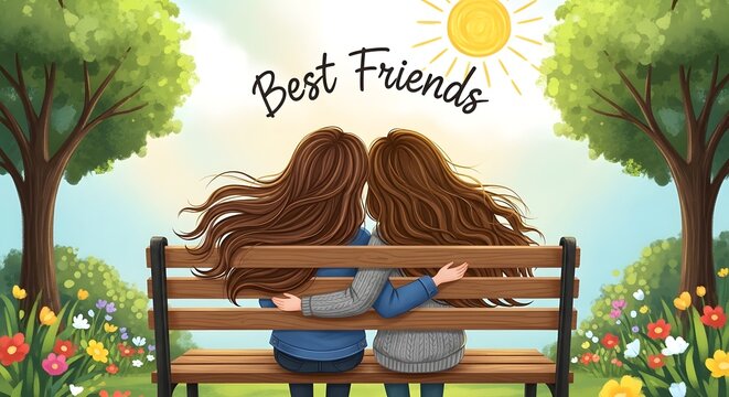 Happy friendship day two women friends sitting on bench in park illustration