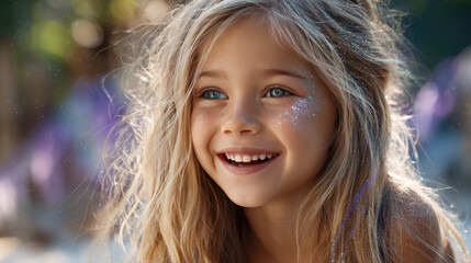 Fototapeta premium Happy little girl laughing with face glitter, feeling joy and excitement during a celebration, surrounded by colorful falling confetti, expressing pure happiness and childhood wonder