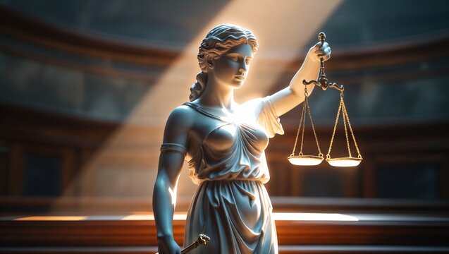 Statue of Lady Justice holding scales and sword, illuminated by soft light in a grand courtroom with wooden architecture and stone walls