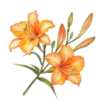 Daylily Branch, beautiful watercolor illustration with vivid colors and detailed vector style, isolated on a white background.