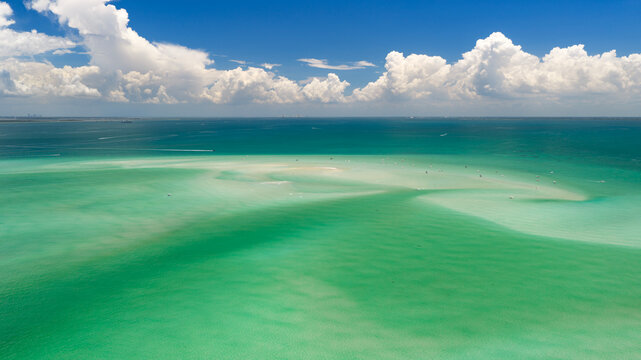 Waters of Passage Key, a federally protected sandbar island in Tampa Bay, FL, between Anna Maria Island & Egmont Key. 2024 hurricanes have severely eroded the island&mdash;often submerged at high tide.