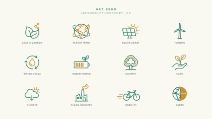 Naklejka premium Renewable energy and sustainability icon collection – Suitable for eco-tech platforms, environmental awareness content, or green business layouts.