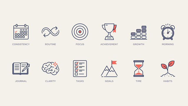 Habit tracking and personal growth icons &ndash; Suitable for wellness mobile apps, lifestyle consistency blogs, or goal setting toolkits.