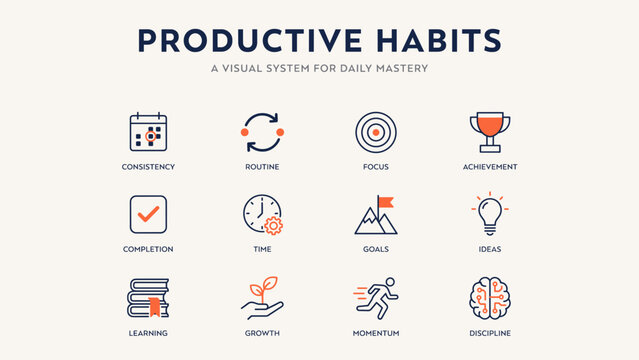 Productive habits and routine building icons &ndash; Great for self-improvement programs, behavioral psychology articles, or daily planning tools.