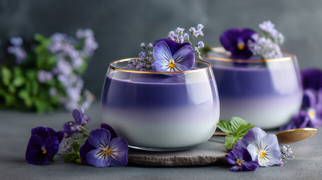Butterfly pea flower drinks presenting a beautiful purple and white gradient, garnished with pansies and small blossoms, featuring natural color changing properties