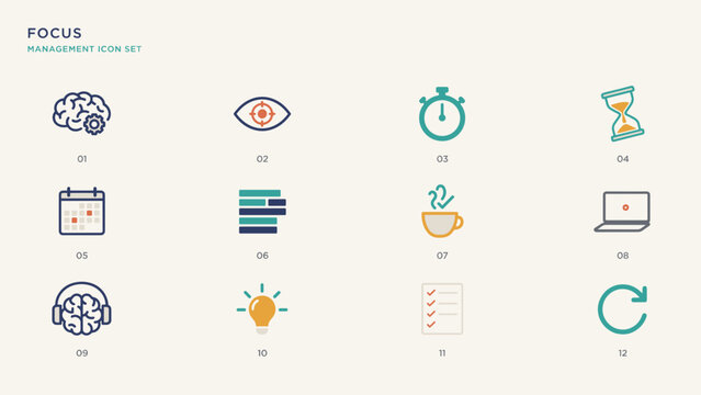 Time blocking and focus management icon grid &ndash; Great for productivity coaching websites, workplace mindfulness content, or remote work tips.