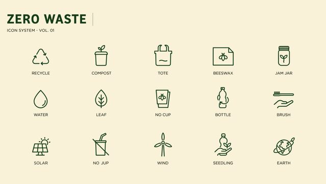 Editorial icon grid for zero waste sustainability &ndash; Great for minimalist green design systems, lifestyle modification guides, or ethical retail sites.
