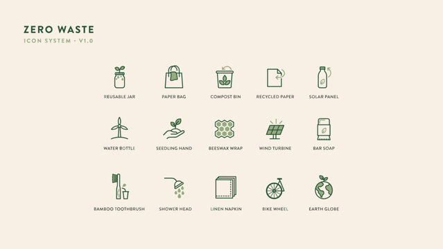 Zero waste and organic composting icon sheet &ndash; Ideal for municipal recycling campaigns, eco packaging instructions, or circular economy articles.