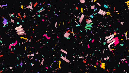 Festive colorful confetti pieces with various shapes and bright vibrant ribbons falling down in a chaotic pattern on transparent background © zakir