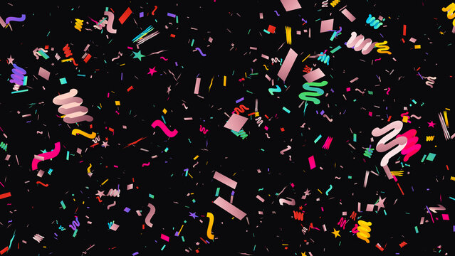 Festive colorful confetti pieces with various shapes and bright vibrant ribbons falling down in a chaotic pattern on transparent background