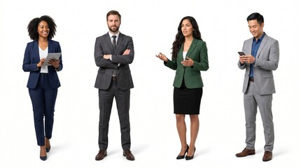 Obraz premium Four diverse business professionals standing in formal attire, engaged in various activities, against a clean white background.