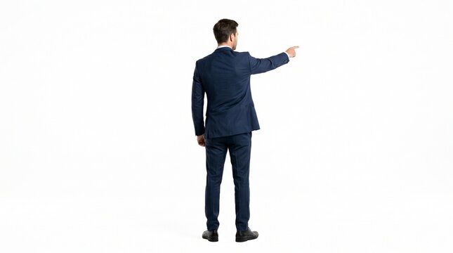 Rear view of a businessman in a blue suit pointing to the right on a clean white studio background, indicating direction or future.