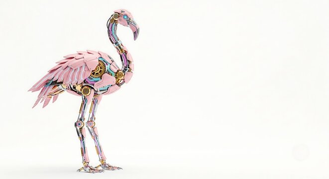 Mechanical flamingo robot on white background, futuristic cybernetic bird with metallic gears and pink feathers.