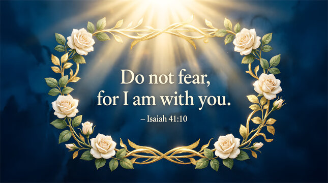 Christian Quote Banner with White Roses, Golden Vines, and Divine Light