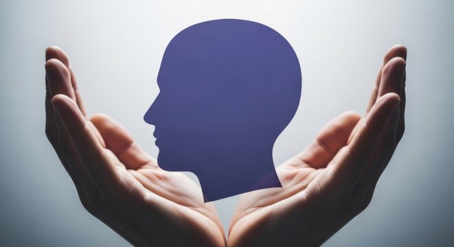 Hands holding an illuminated, glowing human head profile. Abstract concept of artificial intelligence, mental health, psychology, or knowledge