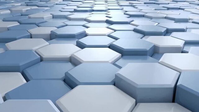 Blue hexagons, 3D geometric pattern, white background, abstract design
