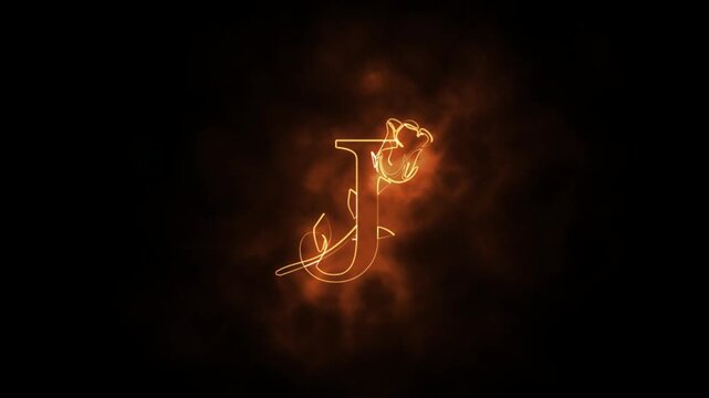 Fiery glowing letter j animation with rose design and dark smoke background