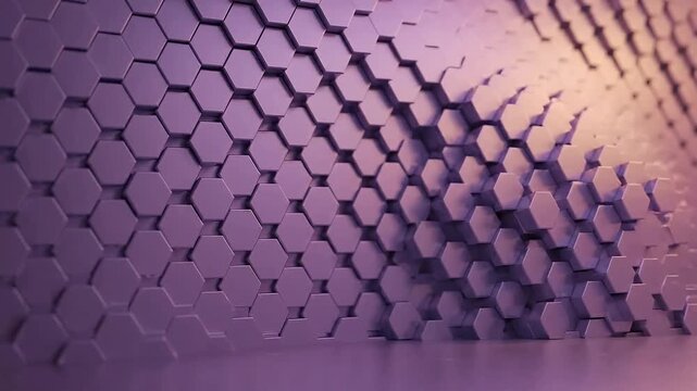 Geometric purple background, hexagonal pattern, futuristic design, metallic texture