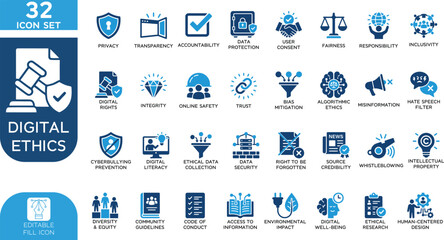 Naklejka premium Digital ethics and AI governance Vector illustration Fill editable Icons set. Professional symbols for cyber security, data privacy, responsible artificial intelligence, transparency, and online.