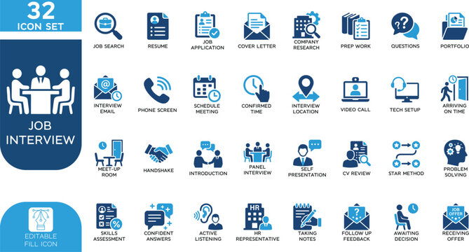 Job interview Vector illustration Fill editable Icons set. for human resources. hiring process, employment, career growth, corporate business layout. on transparent background.